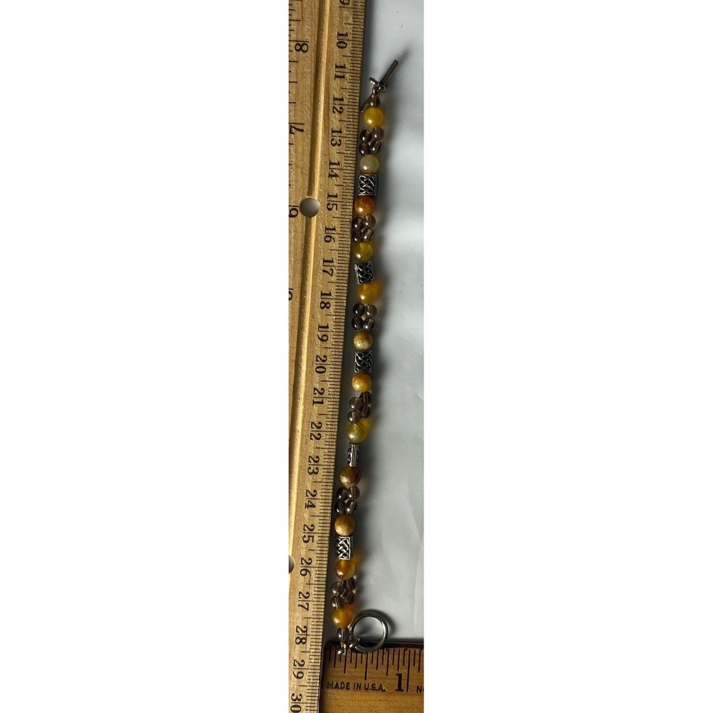Beaded Bracelet Yellow Stone Silver Tone Metal Beads Charm‎ Clasp 7 Inch